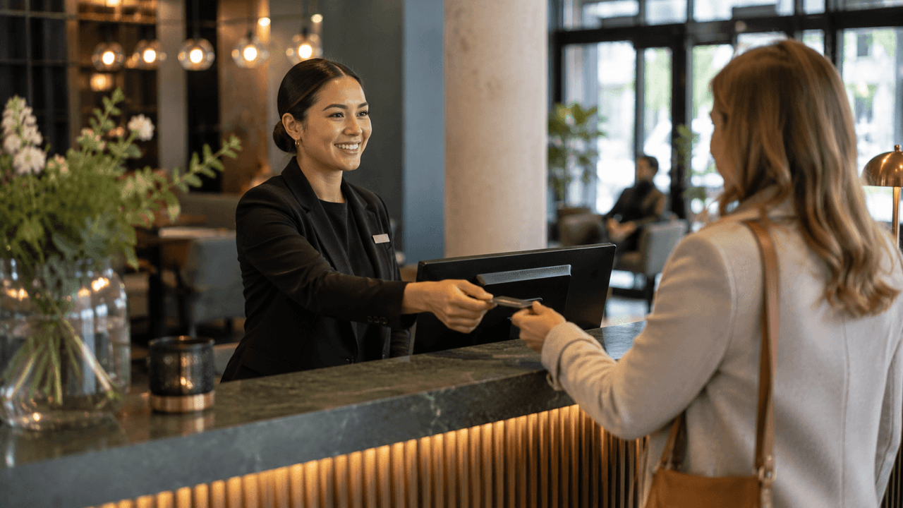 otellin vastaanottovirkailija ojentaa avainkortin asiakkaalle valoisassa hotelliaulassa.