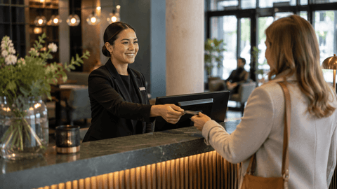 otellin vastaanottovirkailija ojentaa avainkortin asiakkaalle valoisassa hotelliaulassa.
