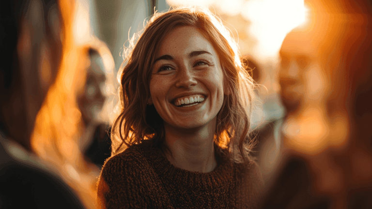 Nainen hymyilee auringonpaisteessa